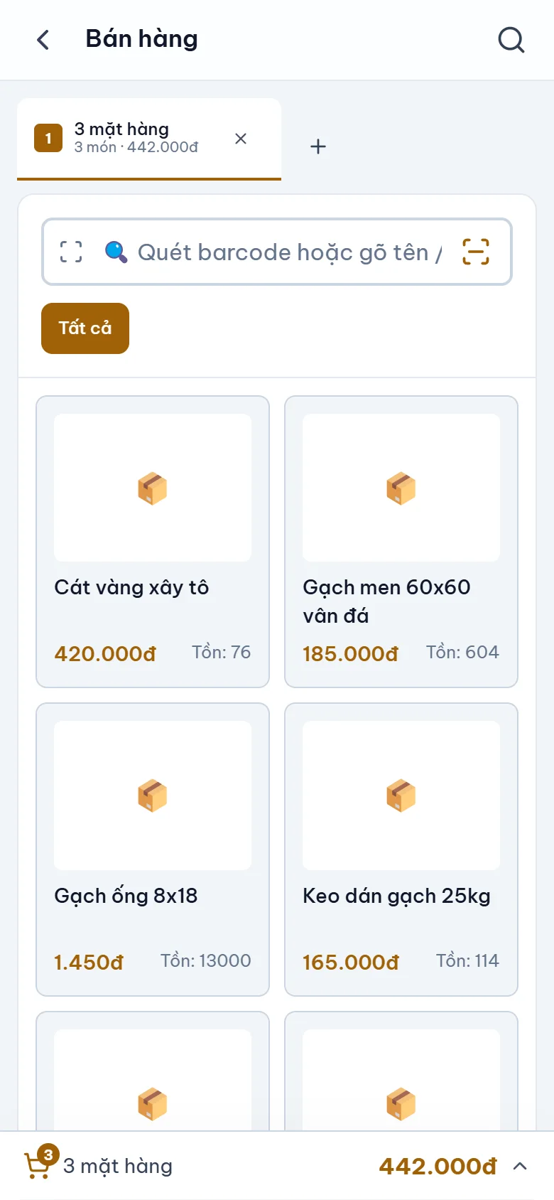Màn hình Bán hàng trong app Hùng Phát với các mặt hàng vật liệu xây dựng